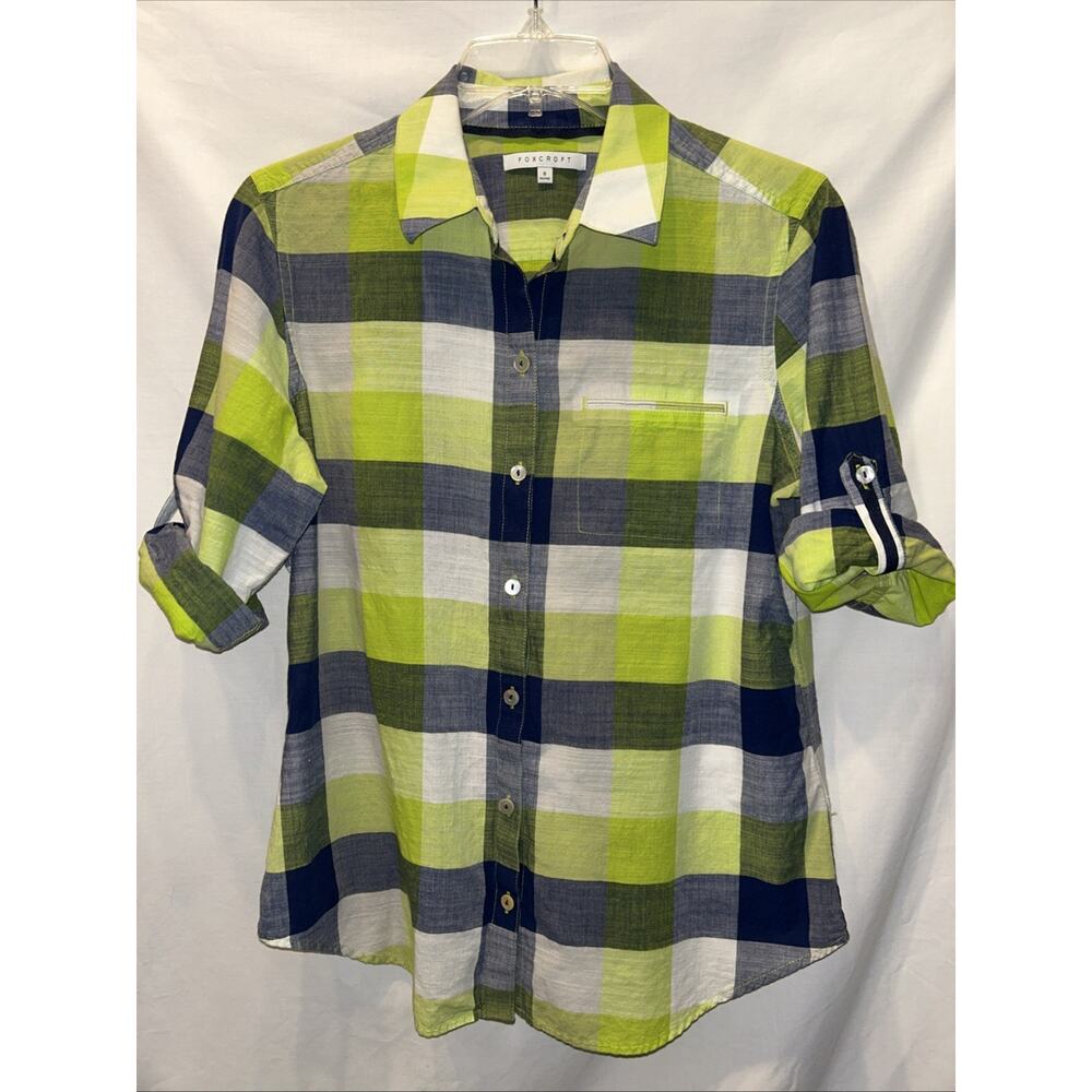 Foxcroft Size 8 Button-Up Shirt Plaid Roll Tab 3/4 Sleeve Light Preppy Camp